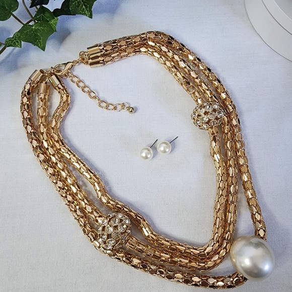 Statement 3 Strand Gold Mesh Necklace with Pearl and CZ Stones Set - Picture 4 of 9